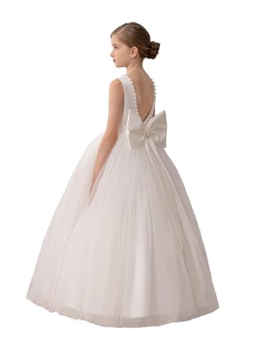 KAQININI Kids' Satin Tulle Maxi Wedding Dress for Flower Girls & Bridesmaids