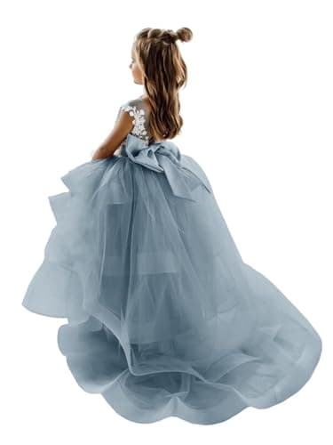 Zikusel Lace Applique Flower Girl Tiered Tulle Wedding Dress