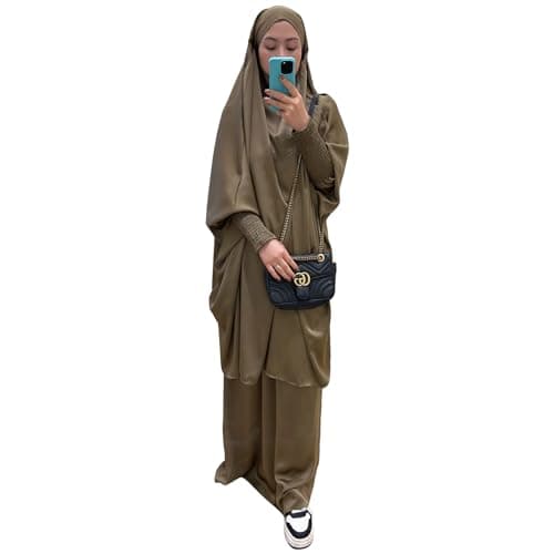 Zofocy Two-Piece Abaya Set for Muslim Women Elastic Sleeves Modest Prayer Dress