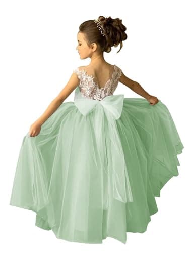 Zikusel Lace Applique Tulle Flower Girl Wedding Dress V-Back Satin Bow Knot
