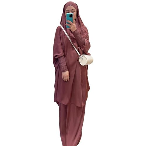 Zofocy Two-Piece Abaya Set for Muslim Women Elastic Sleeves Modest Prayer Dress
