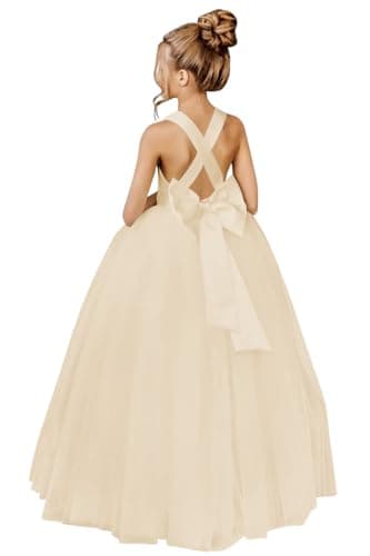 JISISANG Crossed Straps Satin Prom Dress with Bow Tulle for Flower Girls