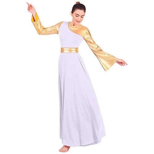 Women's Gold Metallic Worship Dance Dress with Bell Sleeves