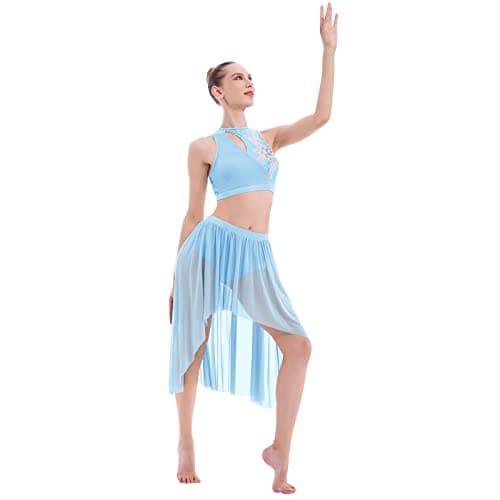 ODASDO Women's Modern Contemporary Dance Costume Sequin Crop Top Tulle Skirt