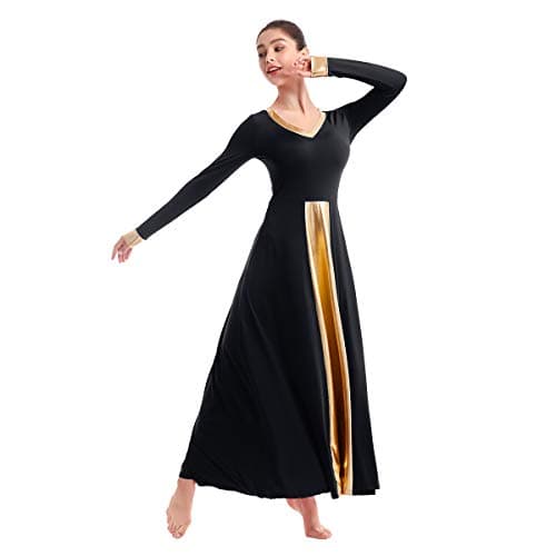 IBAKOM Women's Loose Fit Full Length Metallic Gold V-Neck Worship Dance Costume