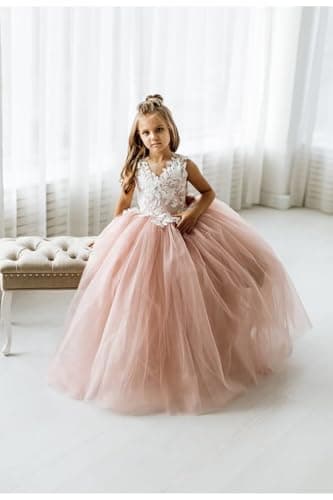 Inpown Lace Applique Tulle Flower Girl Wedding Dress