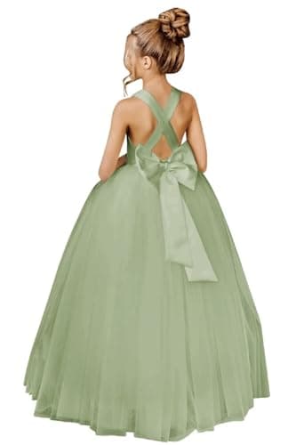 JISISANG Crossed Straps Satin Prom Dress with Bow Tulle for Flower Girls