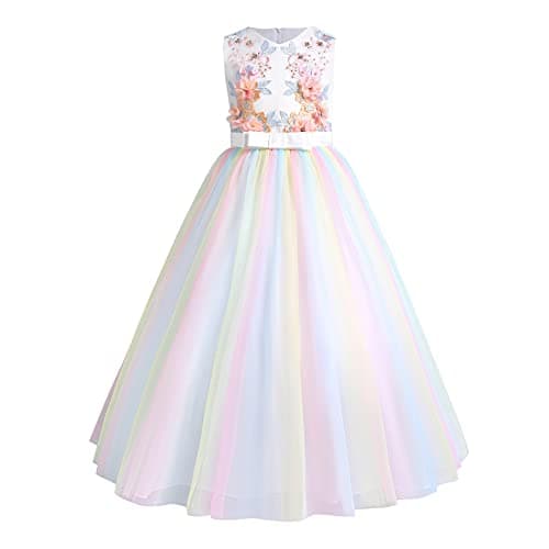 IBTOM CASTLE Girls' Flower Floral Lace 3/4 Sleeve Floor-Length Wedding Party Dress