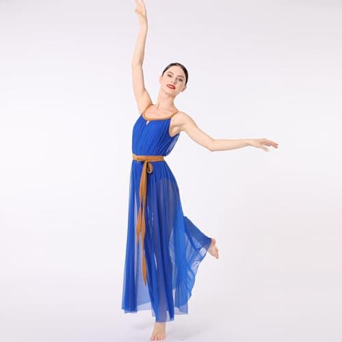 ODASDO Women's Lyrical Dance Mesh Tulle Long Dress Belted Competition Wear
