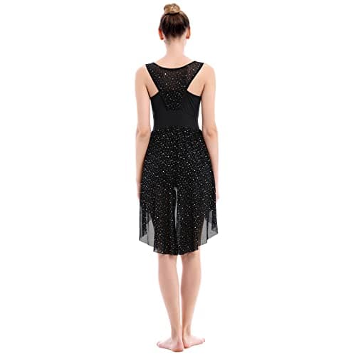 ODASDO Women's Lyrical Dance Rhinestone Asymmetrical Mesh Tulle Leotard Ice Skating Ballet Costume