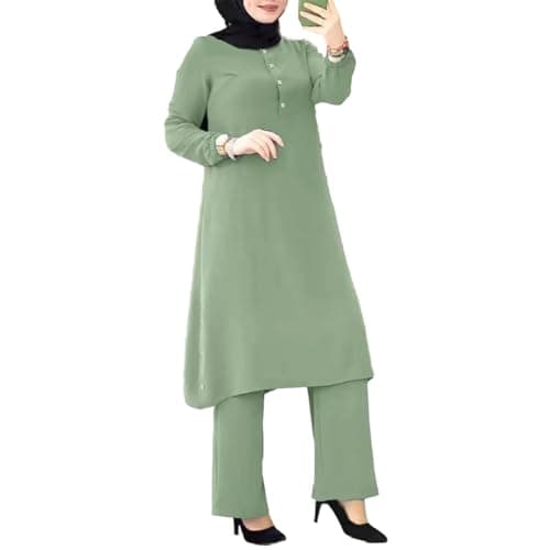 IDOPIP Women's Muslim Abaya Dress Set Casual Arabic Outfits