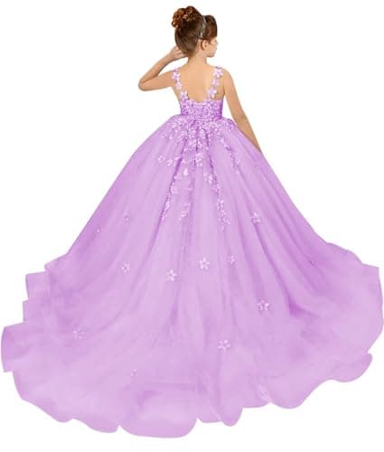 PSAISY Floral Applique Tulle Flower Girl Dress for Weddings & Birthday Parties