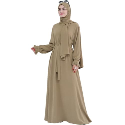 Women's Middle Eastern Arabian Robe Modest Dress with Lace Sleeve Hijab Scarf