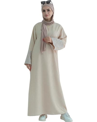 Zofocy Embroidered Long Sleeve Abaya Dress Zipper Maxi Robe for Women