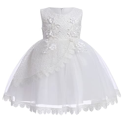 OBEEII Toddler Christening Baptism Tutu Dress with Flower Embroidery