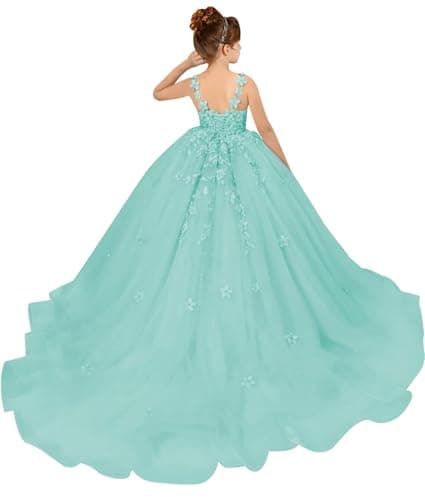 PSAISY Floral Applique Tulle Flower Girl Dress for Weddings & Birthday Parties