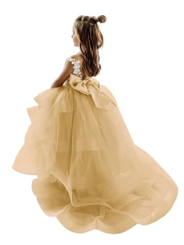 Zikusel Lace Applique Flower Girl Tiered Tulle Wedding Dress