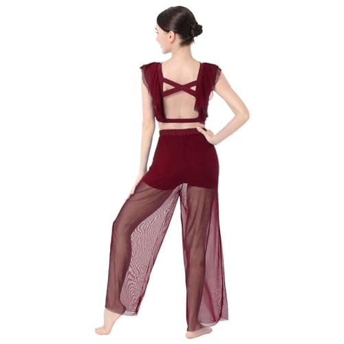 IBAKOM Women's Lyrical Dance 2PCS Chiffon Crop Top & Shorts Outfits