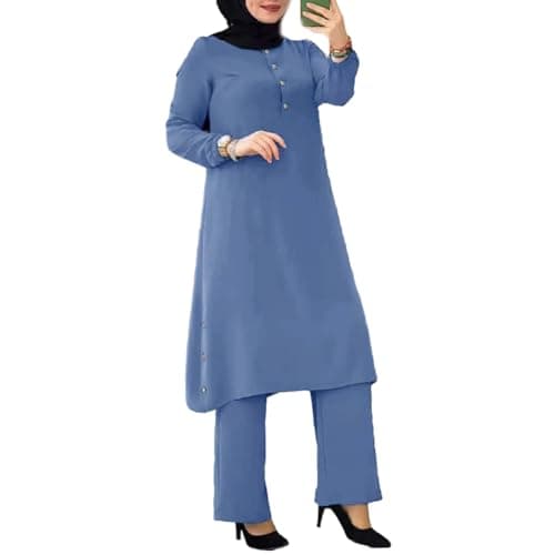 IDOPIP Women's Muslim Abaya Dress Set Casual Arabic Outfits
