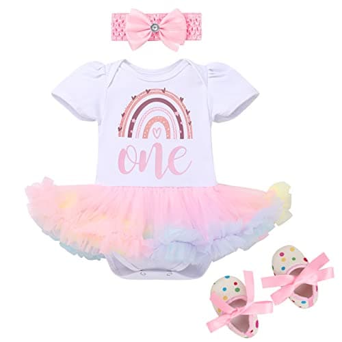 Baby Girl First Birthday Outfit Rainbow Tutu Princess Romper Dress Tiara Shoes 3pcs Clothes Set for Cake Smash Refine to Rainbow Tutu Princess Romper Dress and Tiara for Baby Girl's First Birthday