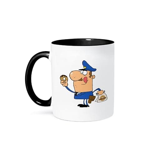 Funny Cartoon Cop Eating Donuts Ceramic Mug for Police Officers, 15-Ounce