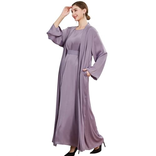 Lenmipot Women's Silk Abaya Dress Twin Set Maxi Kaftan Jilbab Eidsrobe