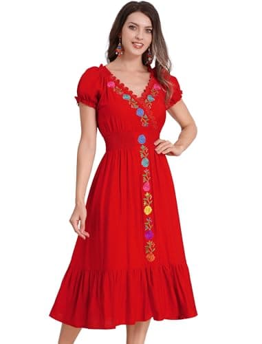 ODIZLI Women's Floral Embroidered Short Sleeve V-Neck Cinco De Mayo Fiesta Dress