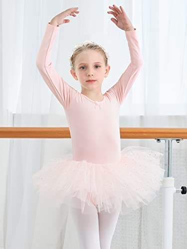 Gorphnc Pink Long Sleeve Dance Leotard with Tutu Skirt for Girls