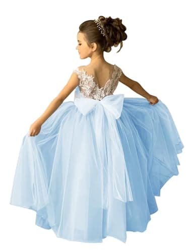 Zikusel Lace Applique Tulle Flower Girl Wedding Dress V-Back Satin Bow Knot