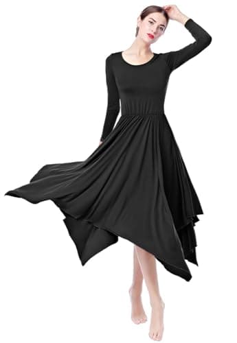 ZX Women's Long Sleeve Praise Dance Dress with Pleated Swing Skirt