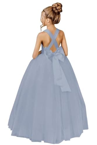 JISISANG Crossed Straps Satin Prom Dress with Bow Tulle for Flower Girls
