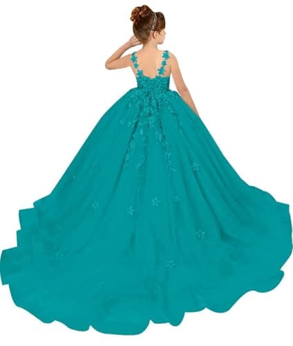 PSAISY Floral Applique Tulle Flower Girl Dress for Weddings & Birthday Parties