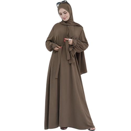 Women's Middle Eastern Arabian Robe Modest Dress with Lace Sleeve Hijab Scarf