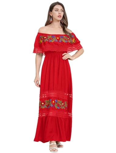 ABAFIP Women's Off-Shoulder Floral Embroidered Midi Dress