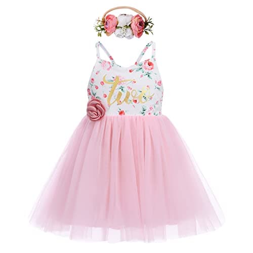 Boho Floral Backless Tulle Dress with Flower Headband for Baby Girl Toddler Kids 1st/2nd Birthday Party