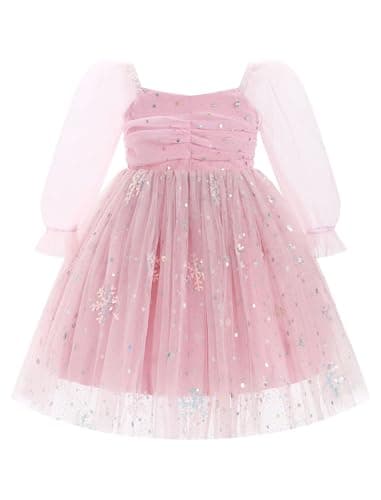 ODASDO Girls' Square Neck Mesh Long Sleeve Tutu Dress for Special Occasions