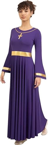 Sanmsoner Women's Metallic Cross Praise Dance Liturgical Long Sleeve Dress