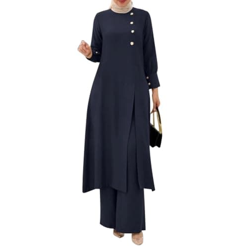 IDOPIP Women's Muslim Abaya Set with Pants - Long Sleeve Ramadan Casual Wear