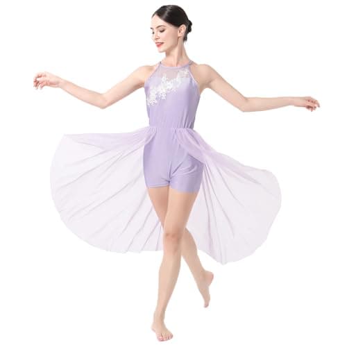 ODASDO Women's Flowy Mesh Tulle Lyrical Dance Leotard with Flower Applique