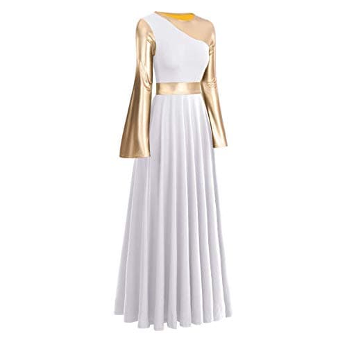 Women's Gold Metallic Worship Dance Dress with Bell Sleeves