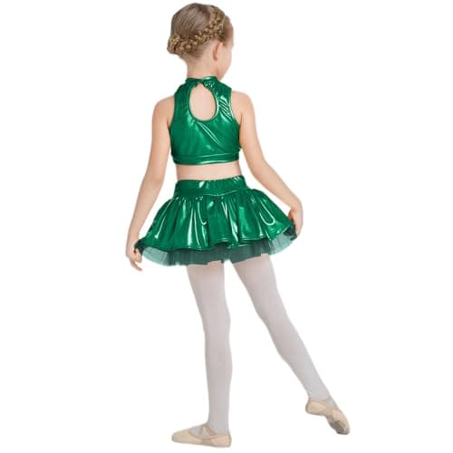 Girls Metallic Dance Costume with Shiny Sequin Tank Crop Top & Ruffle Skirt