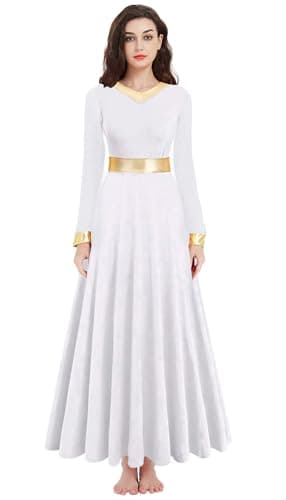 ELLYDOOR Women's Long Sleeve Metallic Gold Praise Dance Dress Liturgical Worship Costume
