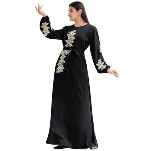 IBAKOM Floral Embroidery Abaya Dress for Women Islamic Clothing