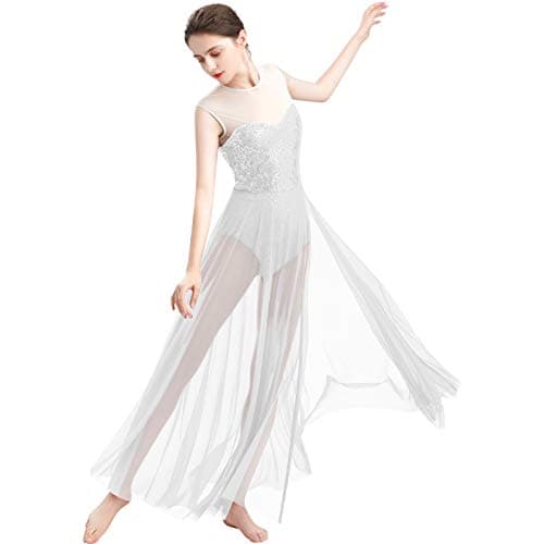 ODASDO Modern Lyrical Dance Dress with Sequins Tank Tulle Maxi Overlay