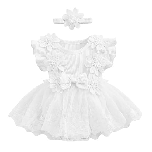 Newborn Baby Girls' 2pc Summer Set: Lace Romper Dress with Bowknot Headband