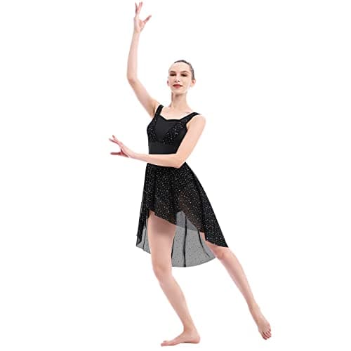 ODASDO Women's Lyrical Dance Rhinestone Asymmetrical Mesh Tulle Leotard Ice Skating Ballet Costume
