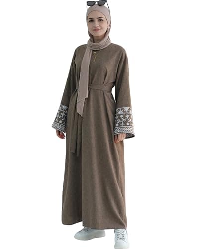 Zofocy Embroidered Long Sleeve Abaya Dress Zipper Maxi Robe for Women