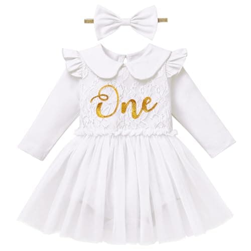 ODASDO Baby Girl First Birthday Lace Floral Cotton Tutu Dress with Headband