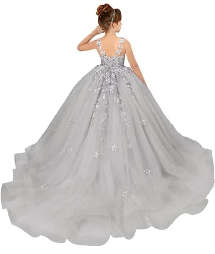 PSAISY Floral Applique Tulle Flower Girl Dress for Weddings & Birthday Parties