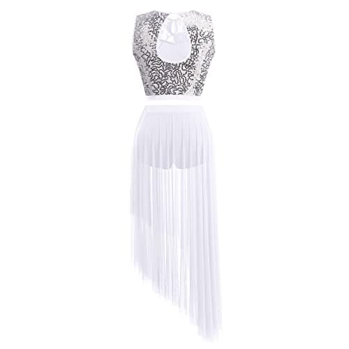 Women's Sequin Lace Lyrical Dance Costume with Asymmetrical Mesh Tulle Skirt Set